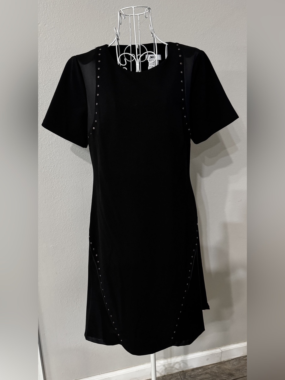 DKNY Studded Mixed-Media Fit & Flare Dress Black Size 10
